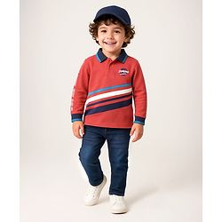 Babyhug Single Jersey Knit Full Sleeves Polo T-Shirt & Denim Jeans Set With Basketball Print - Red & Blue