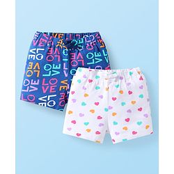 Babyhug Cotton Jersey Shorts with Text & Hearts Print Pack of 2 - White & Blue