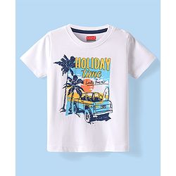 Babyhug Cotton Knit Half Sleeves T-Shirt with Holiday Time Print - White