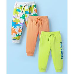 Babyhug Terry Cotton Knit Full Length Dino & Text Printed Lounge Pants Pack Of 3 - Orange Limegreen & White