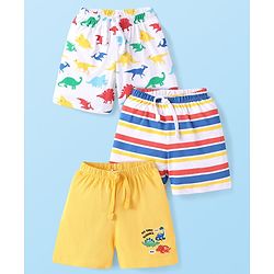 Babyhug Single Jersey Knit Shorts with Stripes & Dino Print Pack of 3 - Yellow & White