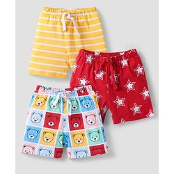 Babyhug Cotton Single Jersey Knit Shorts With Bear & Star Print Pack of 3 - Red & Yellow