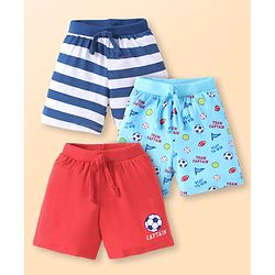 Babyhug Cotton Single Jersey Knit Striped Shorts With Ball Print Pack of 3 - Red & Blue