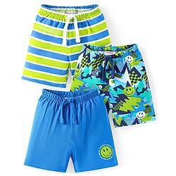 Babyhug Cotton Knit Mid Thigh Length Shorts with Smiley Print & Stripes Pack of 3 - Light Green & Blue