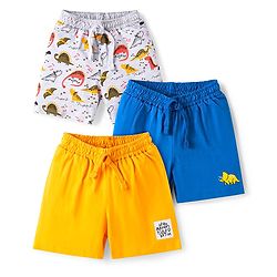 Babyhug Cotton Knit Mid Thigh Length Shorts with Dino Print Pack of 3 - Grey Blue & Yellow