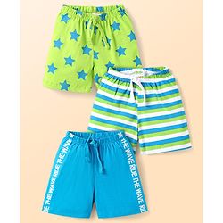 Babyhug Single Jersey Knit Shorts with Stripes Star & Text Print Pack of 3 - Limegreen & Light Blue