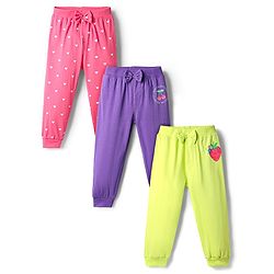 Babyhug Cotton Terry Knit Full Length Heart Printed Lounge Pants With Bow Applique Pack Of 3 - Pink Purple & Lime Green