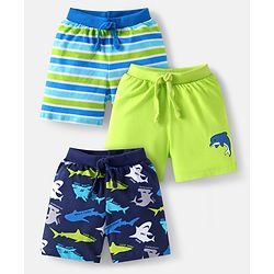 Babyhug Cotton Knit Shorts with Sea Life Print & Stripes Pack of 3 - Blue Light Green & Navy Blue