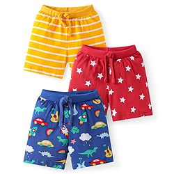 Babyhug Cotton Knit Shorts with Stars Print & Stripes Pack of 3 - Yellow Red & Navy Blue
