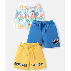 Babyhug Single Jersey Knit Shorts with Explore Theme & Text Print Pack of 3 - Yellow Blue & White