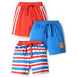 Babyhug Cotton Knit Shorts With Stripes & Fries Print Pack Of 3 - Red Blue & White