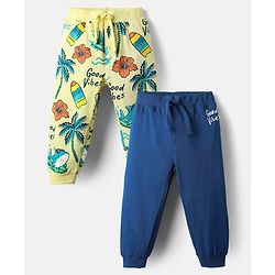 Babyhug Terry Knit Full Length Beach Theme Printed Lounge Pants Pack of 2 - Navy Blue & Yellow