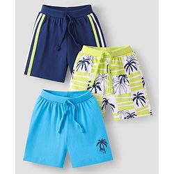 Babyhug Single Jersey Knit Full Length Shorts with Beach Theme Print Pack of 3 - Navy Blue & Light Blue