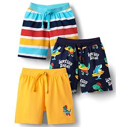 Babyhug Single Jersey Knit Shorts With Stripes & Dino Print Pack Of 3 - Yellow Light Blue & Navy Blue