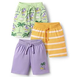 Babyhug Single Jersey Knit Striped & Shark Printed Shorts Pack of 3 - Lilac Yellow & Light Green