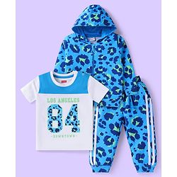 Babyhug Terry Knit Full Sleeves Hooded T-Shirt & Lounge Pant Set with Half Sleeves T-Shirt - Blue