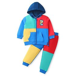 Babyhug Terry Knit Full Sleeves Hooded T-Shirt & Lounge Pant Set with Cut & Sew Design - Blue Red & Yellow