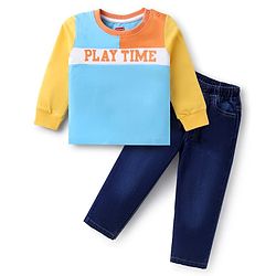 Babyhug Terry Knit Full Sleeves Cut & Sew T-Shirt & Denim Jeans Set with Text Patch Detailing - Blue & Yellow