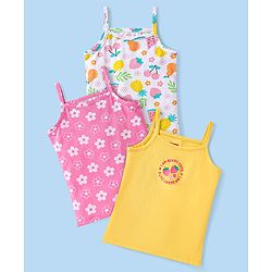 Babyhug Single Jersey Knit Sleeveless Slips With Floral & Tropical Print Pack of 3 - Yellow Pink & White
