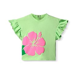 Babyhug Cotton Knit Frill Sleeves T-Shirt With Floral Print - Light Green