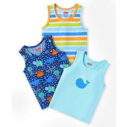 Babyhug 100% Cotton Knit Sleeveless Sando With Stripes & Sea Life Print Pack Of 3 - Blue