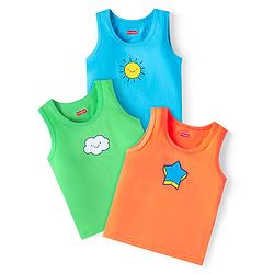 Babyhug 100% Cotton Knit Sleeveless Sandos With Cloud & Star Print Pack of 3 - Blue Red & White