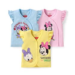 Babyhug Disney Interlock Knit Frill Sleeves Jhablas with Minnie Mouse Graphics Pack of 3 - Yellow Light Blue & Pink