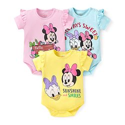 Babyhug Disney Interlock Knit Half Sleeves Onesies with Minnie Mouse Graphics & Frill Detailing Pack of 3 - Yellow Light Blue & Pink