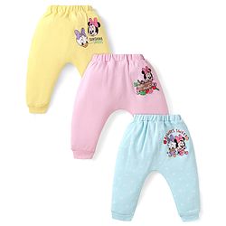Babyhug Disney Interlock Knit Full Length Diaper Leggings With Minnie Mouse Graphics Pack of 3 - Pink Light Blue & Yellow