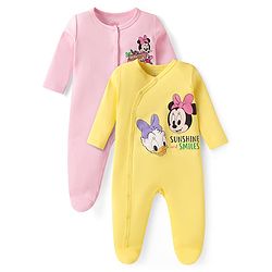 Babyhug Disney Interlock Knit Full Sleeves Footed Sleepsuits With Minnie Mouse Graphics Pack Of 2 - Pink & Yellow