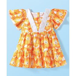 Babyhug Cotton Woven Half Frill Sleeves Frock with Floral Print - Orange