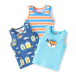 Babyhug 100% Cotton Single Jersey Knit Antibacterial Sandos With Stripes & Boat Print Pack Of 3 - Blue Light Blue & Orange