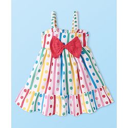 Babyhug Cotton Woven Singlet Sleeves Frock With Polka Dot Print & Bow Applique - White