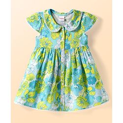 Babyhug Cotton Woven Cap Sleeves Peter Pan Collared Front Open Frock with Floral Print - Green