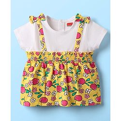 Babyhug Cotton Knit Half Sleeves Top with Tropical Theme Print & Bow Applique - Yellow & White