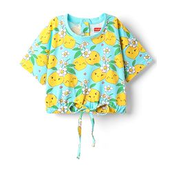 Babyhug Cotton Knit Half Sleeves Drop Shoulder T-Shirt With Tropical Print - Light Blue
