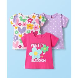 Babyhug Cotton Knit Half Sleeves T-Shirts with Floral Hearts & Polka Dots Print Pack of 3 - Pink White & Lavender