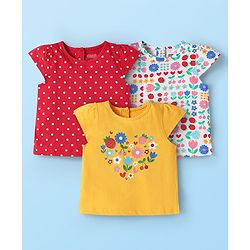 Babyhug Cotton Knit Cap Sleeves T-Shirts with Floral Print Pack of 3 - Red Yellow & White