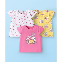 Babyhug Cotton Knit Cap Sleeves T-Shirts with Hearts & Bunny Print Pack of 3 - Pink White & Yellow