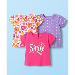 Babyhug Cotton Knit Half Sleeves T-Shirts with Floral & Polka Dots Print Pack of 3 - Pink White & Lavender