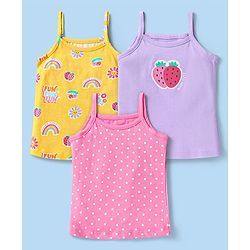 Babyhug 100% Cotton Single Jersey Knit Sleeves Antibacterial Slips With Polka Dots & Rainbow Print Pack Of 3 - Pink Purple & Yellow