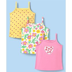 Babyhug Single Jersey Knit Sleeveless Antibacterial Slips With Heart & Floral Print Pack Of 3 - Yellow Pink & White