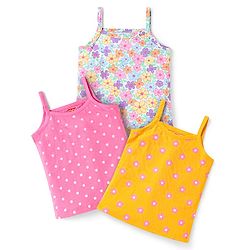 Babyhug 100% Cotton Single Jersey knit Antibacterial Sleeveless Slips With Floral & Polka Dots Print Pack Of 3 - Yellow Pink & Light Blue