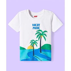 Babyhug Cotton Knit Half Sleeves T-Shirt With Vacay Mode Text & Beach Print - White