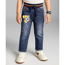 Babyhug Cotton Denim Full Length Washed Jeans With Stretch & Sport Theme Print - Blue