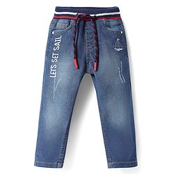 Babyhug Cotton Denim Full Length Washed Jeans With Stretch & Logo Text Print - Blue