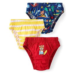 Babyhug 100% Cotton Knit Antibacterial Briefs with Beach Theme Print & Stripes Pack of 3 - Red Navy Blue & Yellow
