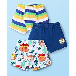 Babyhug 100% Cotton Single Jersey Knit Antibacterial Trunks With Stripes & Animal Print Pack Of 3 - Blue Yellow & White