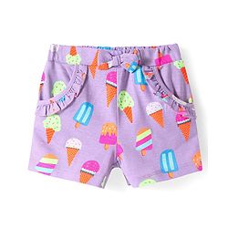 Babyhug Cotton Knit Mid Thigh Length Shorts with Ice Cream Print & Bow Applique - Purple
