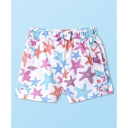Babyhug Cotton Knit Mid Thigh Shorts with Star Print & Bow Applique - White